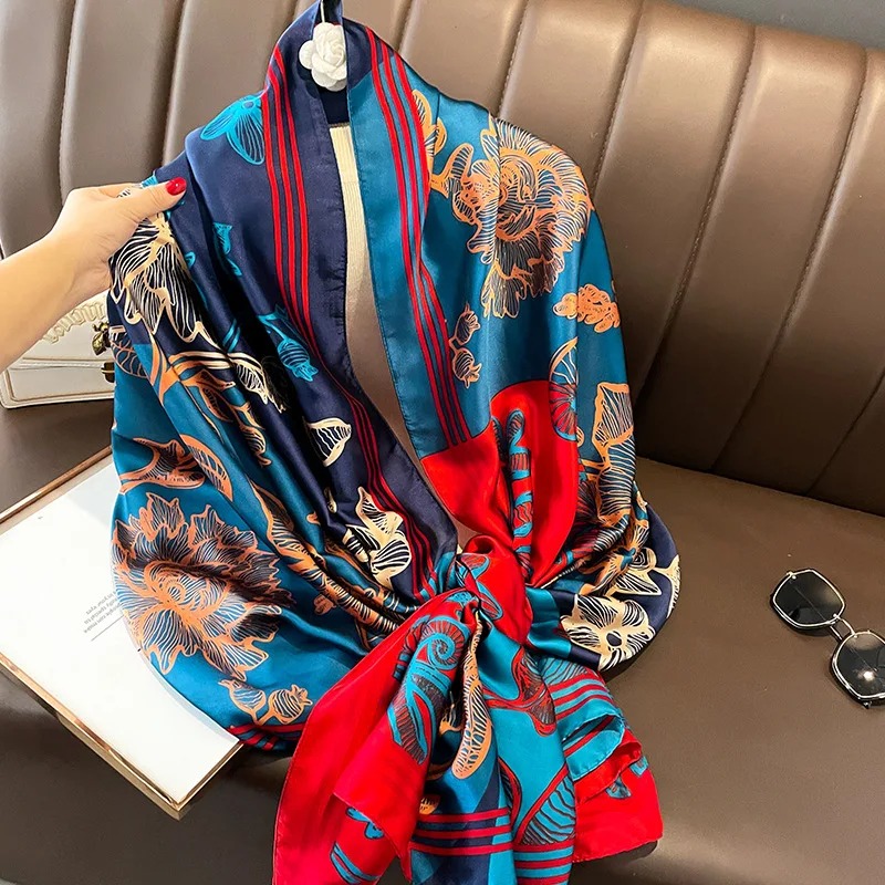 Newest Bright Color Bule Red Flower Printed Silk Shawl for Women Muslim  Long Soft Head Wraps Silk Hijabs Scarf Made Dress Gowns