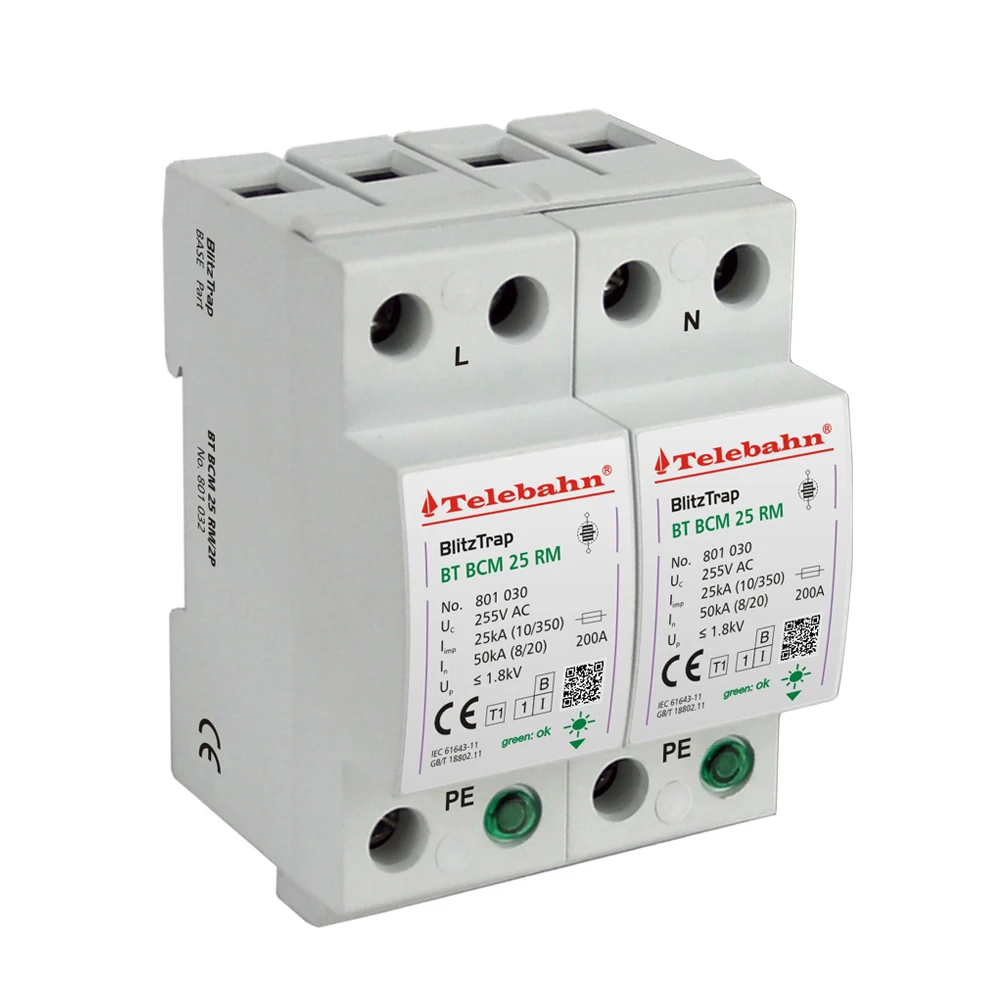 Telebahn AC SPD 2P Iimp25kA/In50kA/Imax100kA for Single-phase TN Power Supply System  T1+T2 Uc255V Surge Arrestor
