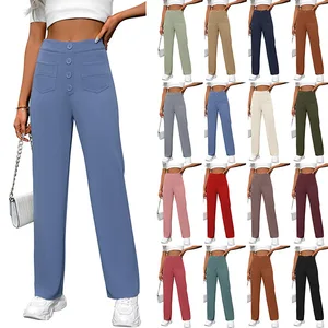 Women's High-Waisted Buttoned Trousers With Wide Leg & Solid Pattern Casual Loose Straight Leg Pants for Winter Season
