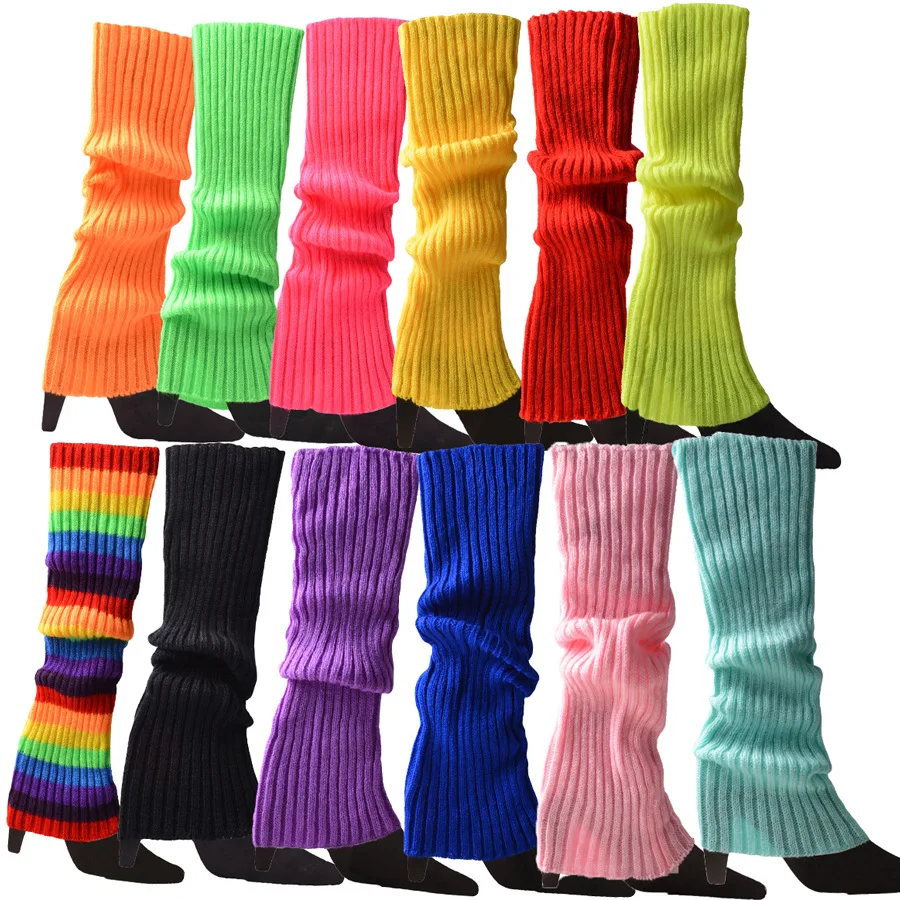 Rainbow Red Green Yellow Orange Color Striped Knitted Leg Warmers Winter for Girls Women