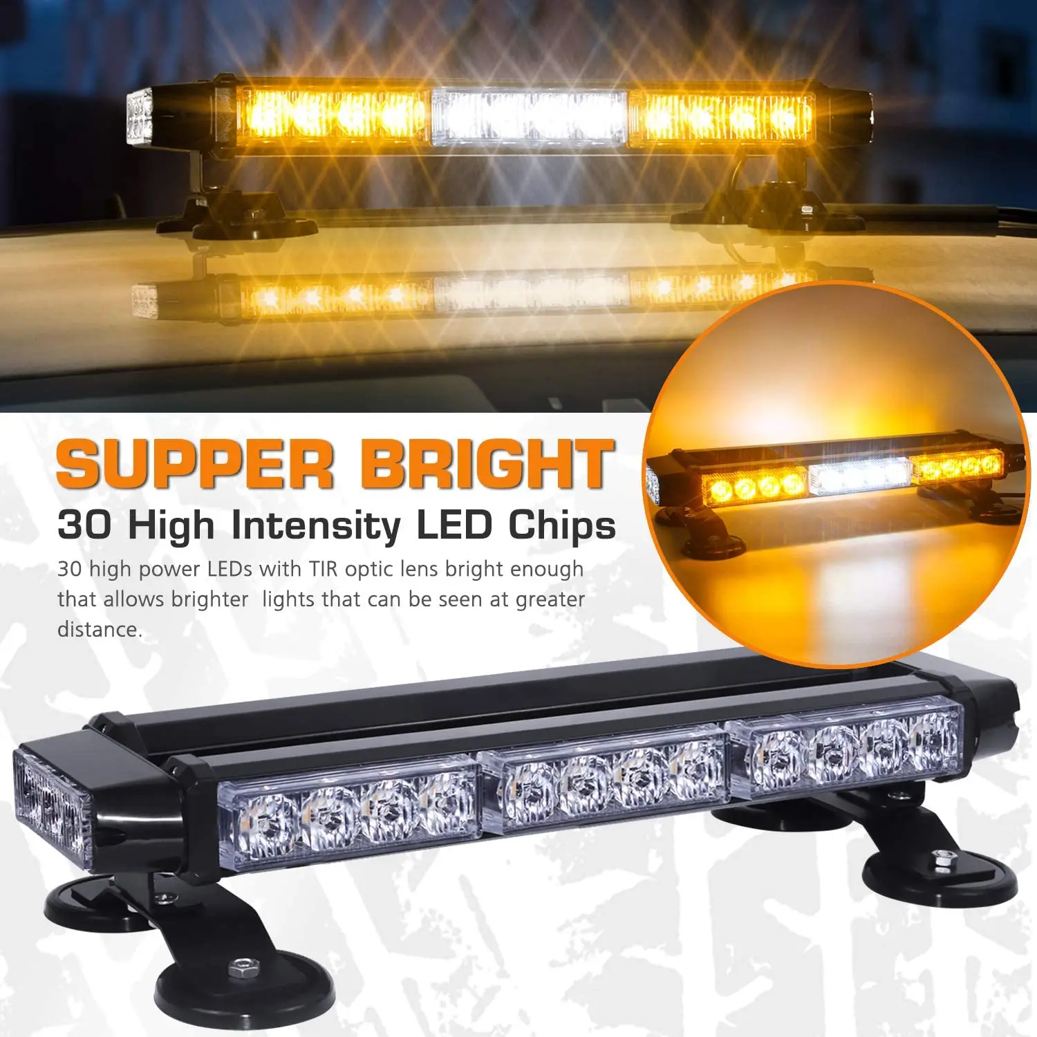 Amber White Dual Color 30LEDs Safety Strobe Flashing Light Bar