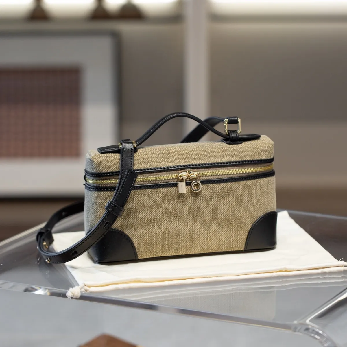 Second-generation LP19 Zipper Lunch Bag Canvas Cowhide Patchwork Tote Fashionable Crossbody Mini Bag Womens Makeup Pouch