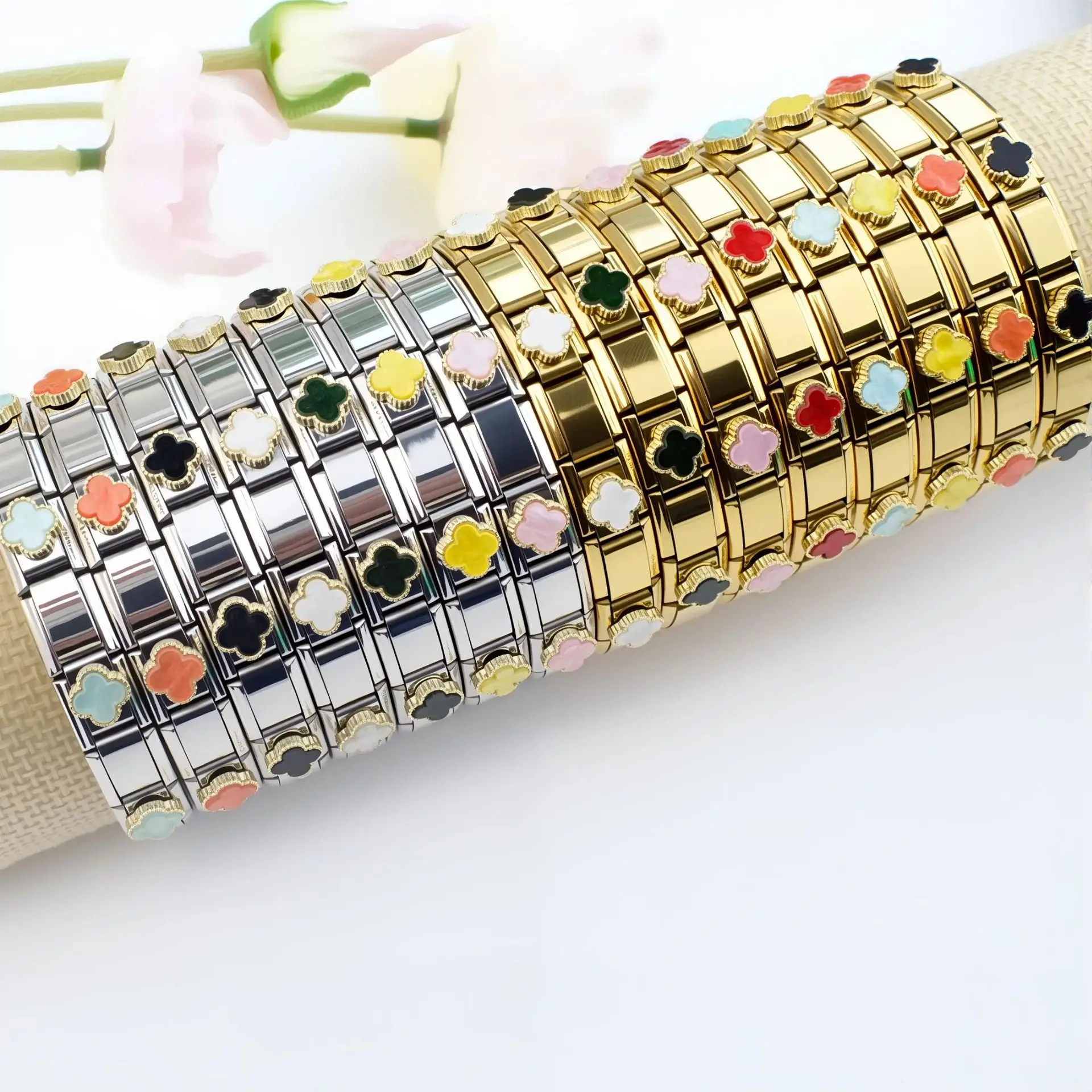 Italian Charms Unisex Bracelets Module DIY Elastic Four-Leaf Clover Stainless Steel Bezel Setting