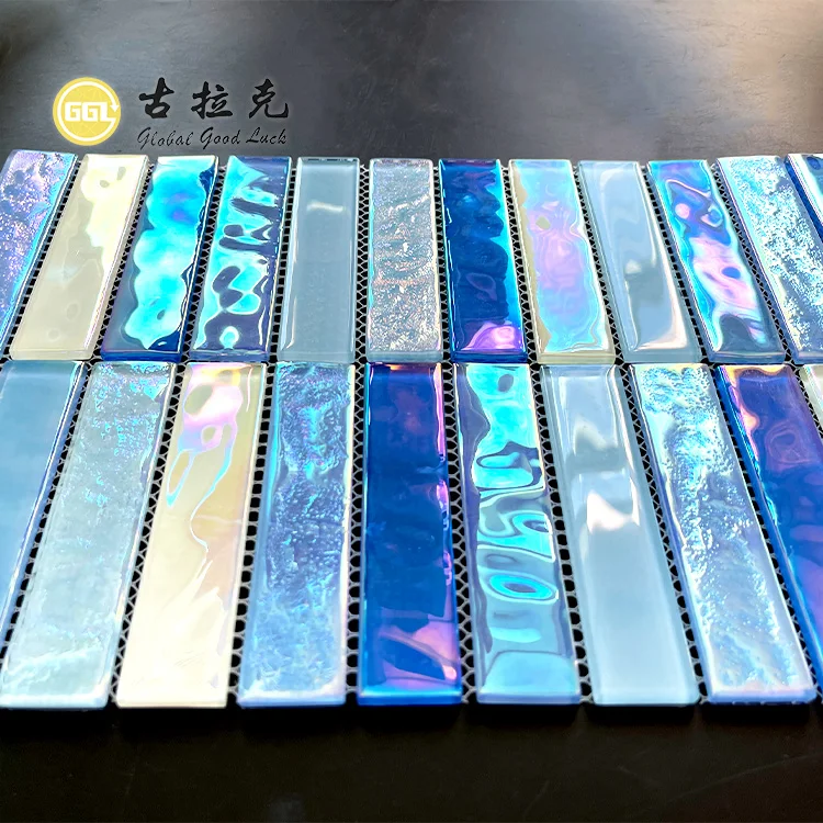 Modern Iridescent Blue Glass Mosaic Tiles Hot Melt for Outdoor Swimming Pool Factory Supplier at Cheap Price