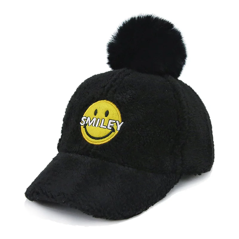 Fur Pom Pom Kids Baseball Caps Smiley 