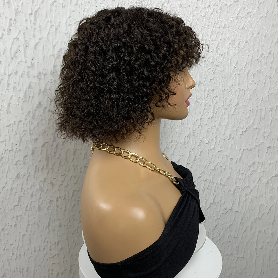 Curly Machine Made Short Bob Human Hair Wig 8 Inches Natural Color Bob With Bang Machine Made Human Hair Wigs for Black Women