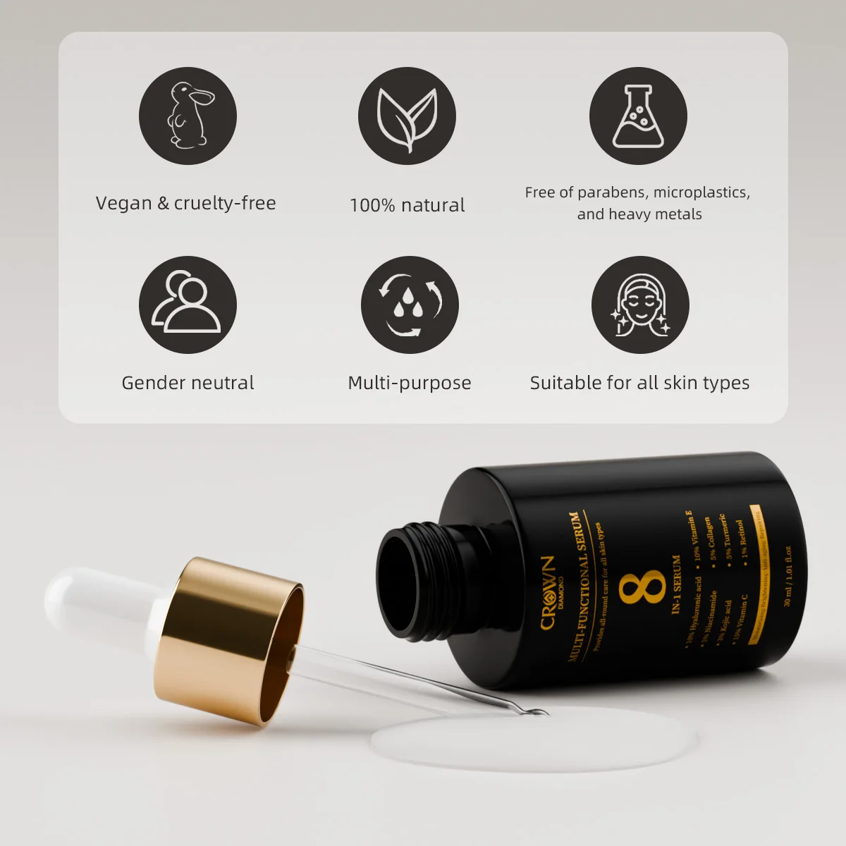 8 in 1 Custom Logo Skin Care Essence Anti Aging Wrinkle Dark Spot Brightening Glow Kojic Acid Vitamin C Whitening Face Serum