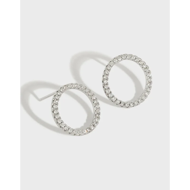 Korean Version S925 Pure Silver Micro Inlaid Zircon Thread Hollow Geometric Circle Ring Korean Earrings Earrings
