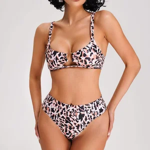 Solid Animal Print Notched Ring Link Hollow 2 Piece Set Bikini High Waisted Stretchy Front Logo Crystal Decoration Swimsuits