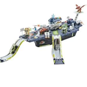 ITTL New Plastic Aircraft Carrier Storage Music & Light Slot Truck Toy with 2 Dinosaurs and Die-Cast Cars for Kids