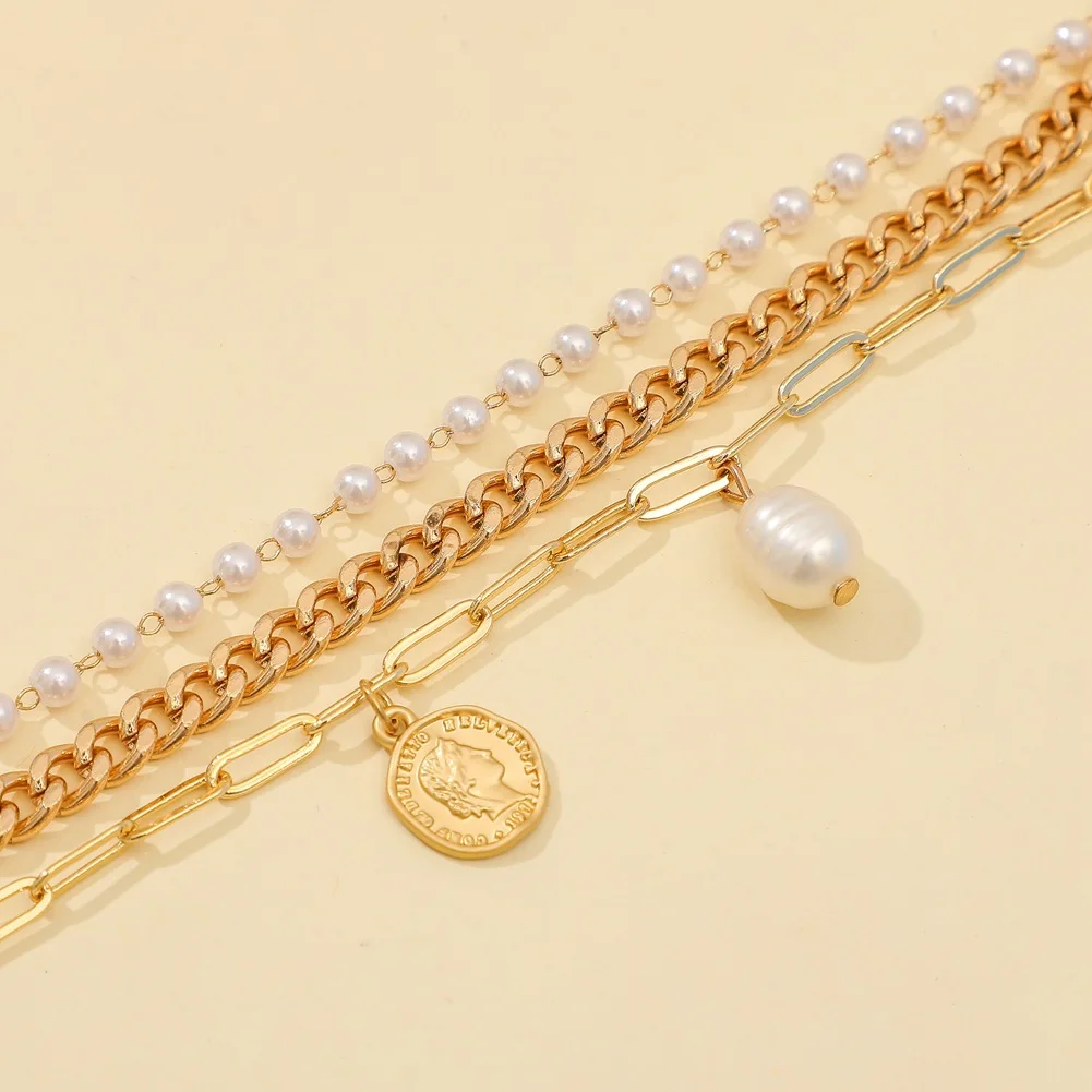 New Bohemia Round Imitation Pearl Coin Pendant Bracelet Bangle Women Punk Carved Coin Letter Thick Chain Bracelets New Year Gift