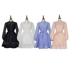 Bohemian Empire Waist Autumn Mock Neck Lantern Sleeve Solid Color Knee-Length Anti-Static Gastrodia for Day Work Dress Sling