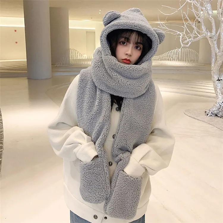 Wholesale Women Winter bear hat hooded scarf Korean Furry Hat