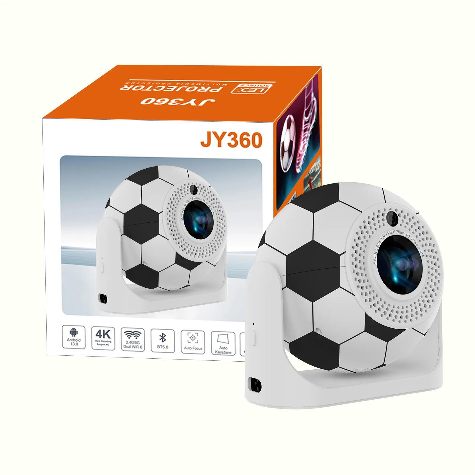 JY360 Mini Ball Smart Projector Auto Focus 4/5G Wifi 1+8GB Android 13 Multimedia Portable Home Pocket Projector for World Cup