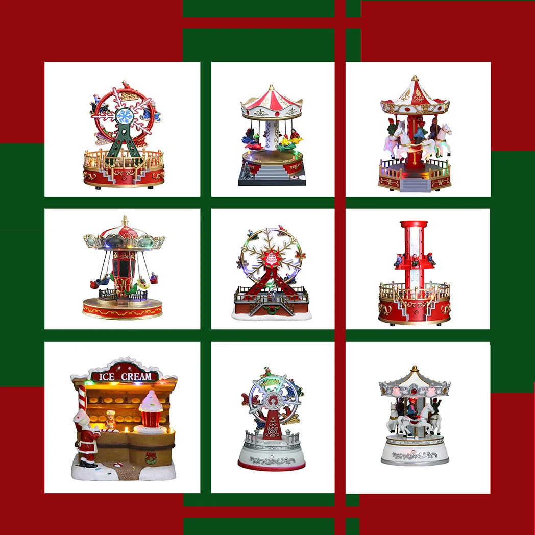 LED Light Moving Christmas Fun Fair Carousel and Hot Balloon Moving Train and Xmas Tree Handmade Sculpture Musical Craft