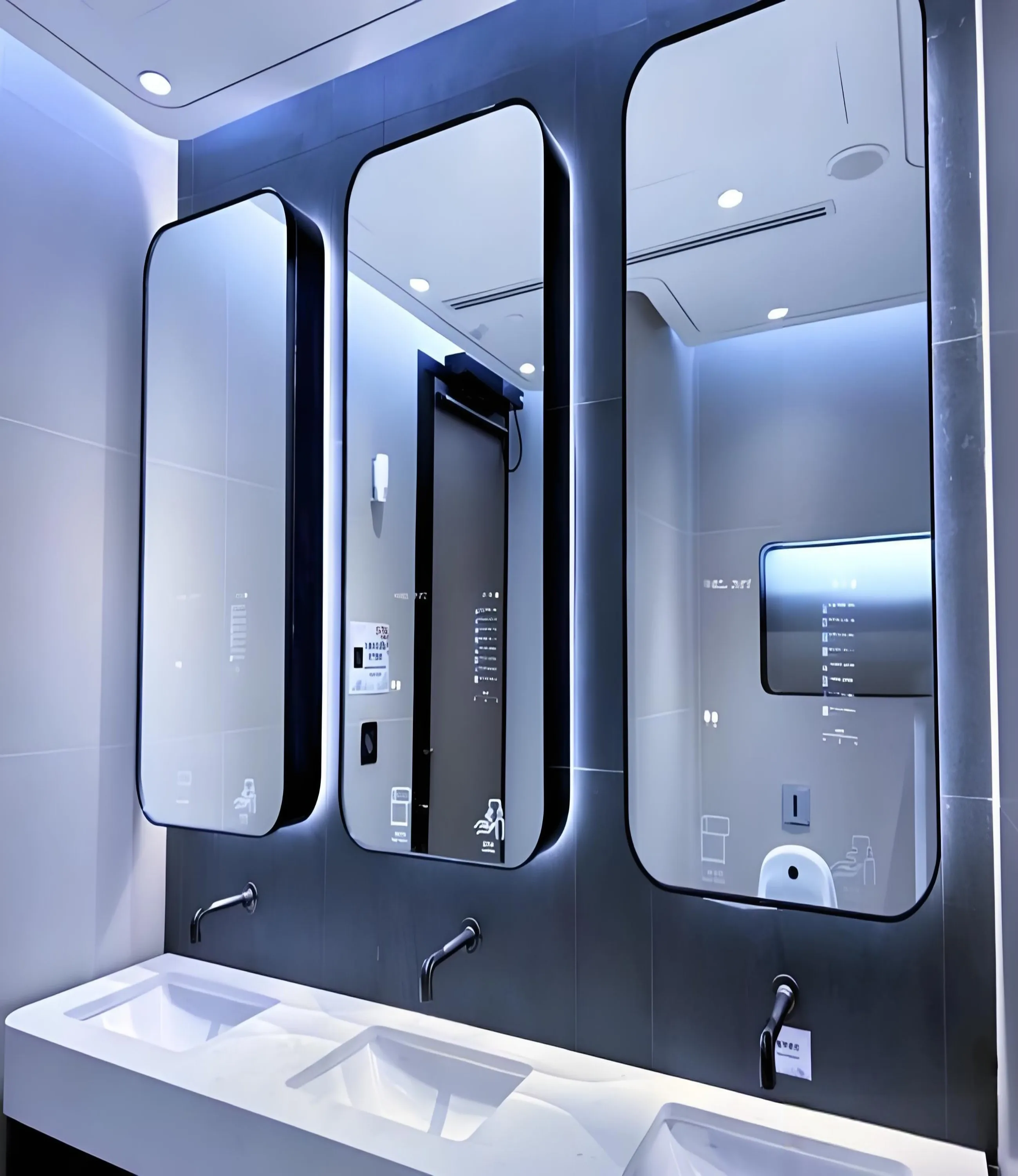 Wall-mounted mirror with touch screen in residential bathroom