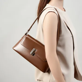 Red Crossbody Genuine Leather Bag French for Baguette Niche High-End Women's Shoulder Bag Button Chain Portable Arm Bag