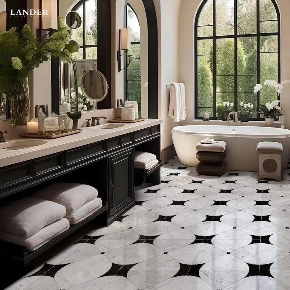 Lander Stone Luxury Waterjet Marble Mosaic Tile Parquet Design Hotel Room Home Commercial Use for Floor Stone Mosaic Tile