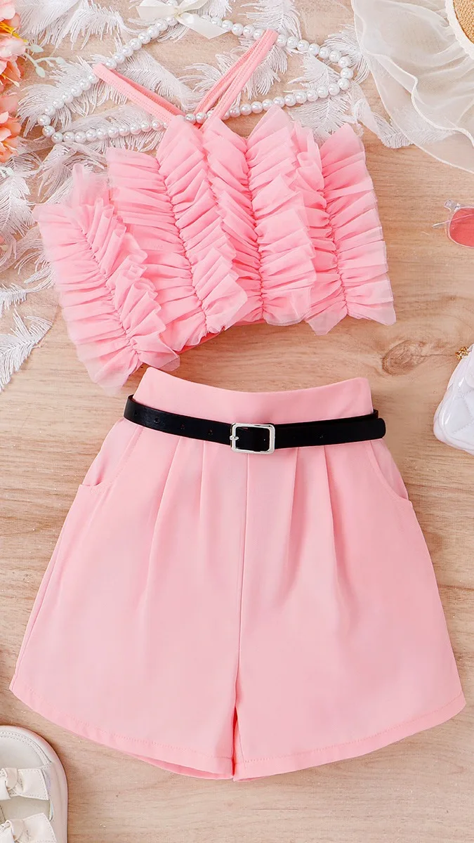 New Kids Clothes Sets Pink Cute Top + Short With Belt Three Pieces Suit