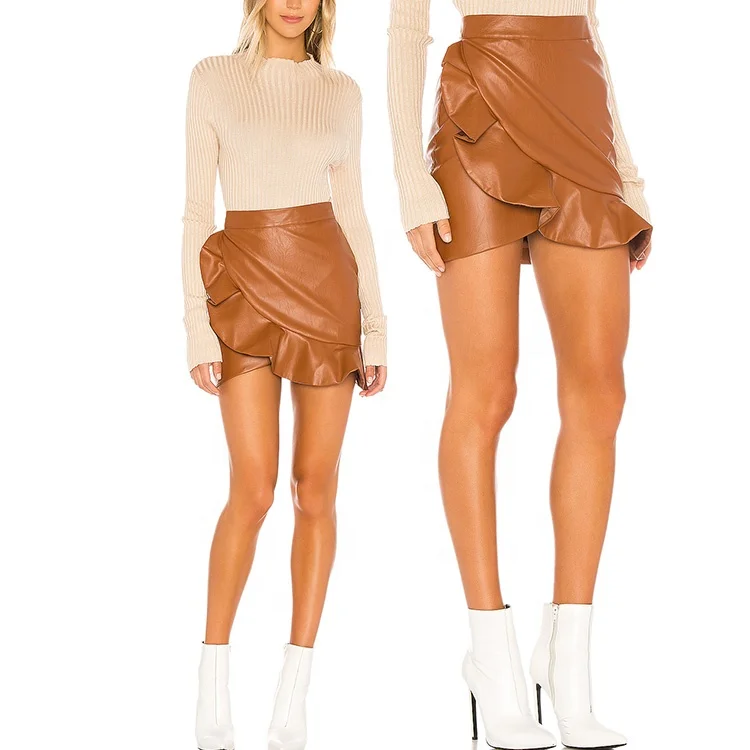 Brown mini skirts for sale New Arrival High Quality Brown Womens Sexy High Waist Ruffled Faux Leather Tight Mini Skirts For Ladies Buy Young Girls In Mini Leather Skirts Skirts Women Mini Skirt Product On Alibaba Com