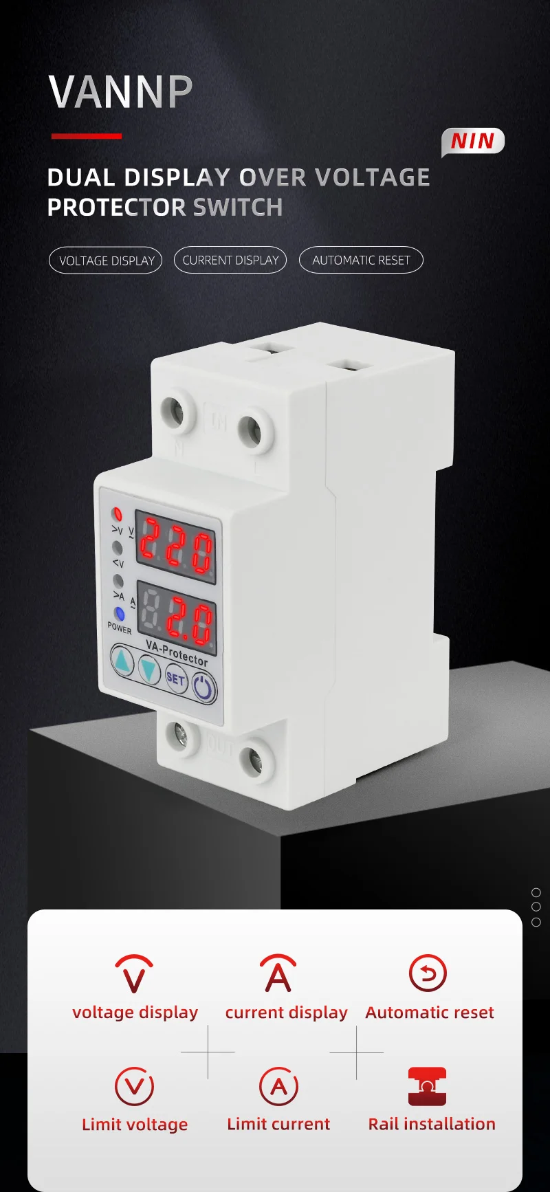 Din Rail Intelligent Adjustable Under Over Voltage Current Protector