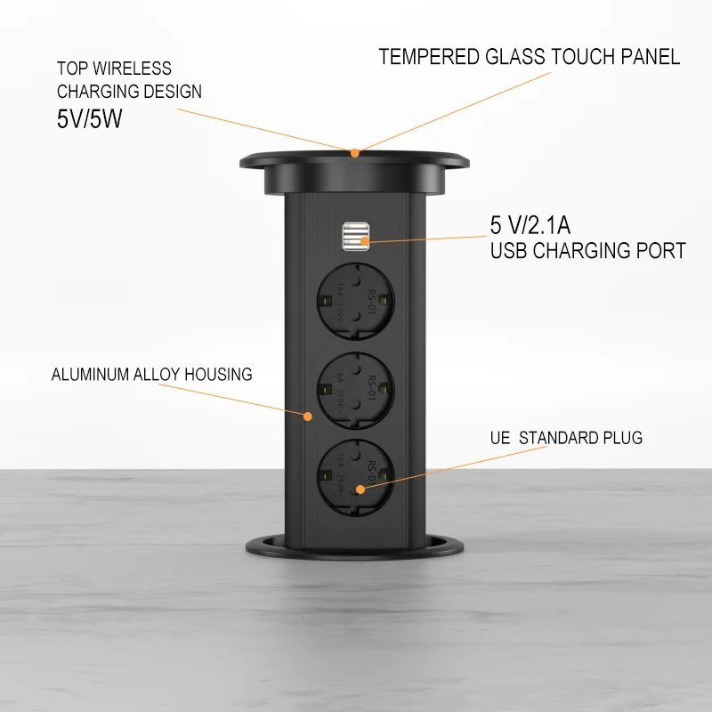 Pop up Table Socket Kitchen Worktop Vertical Hidden Power Extension USB Charger Motorized Socket