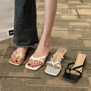 QuiteS 2026 Women's Open-Toe Square Toe Outdoor Sandals Medium Heel Flip-Flops Thin Strap Casual Shoes Lace-Up Fashion Trend