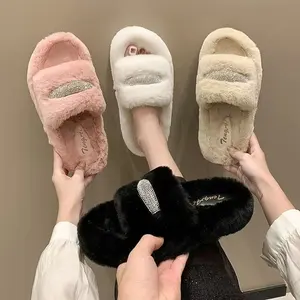Fashion Women's Plush Open Toe Fluffy Comfort Shoes Winter Warm Anti-Slip TPR Thick Sole for Home & Outdoor Use