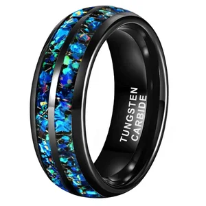 Coolstyle Jewelry 8mm Domed Engagement Promise Wedding Band for Men Women Blue Green Opal Chip Inlay Black Tungsten Ring