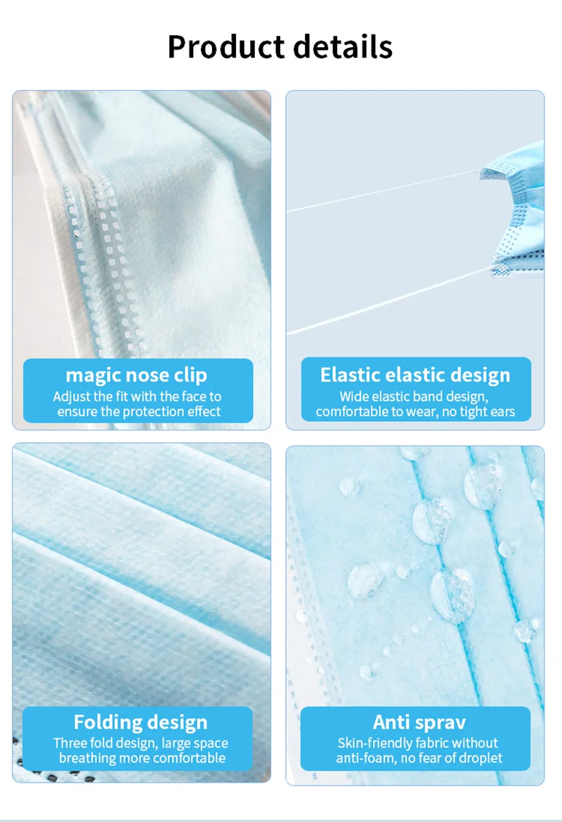Nonwoven 3 ply 50PCS/Box Earloop Disposable Face Mask