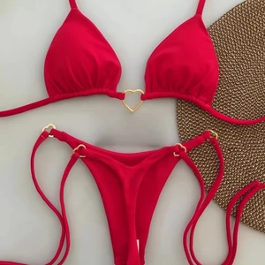 Nylon Spandex Solid Color Heart Halter Top Thongs 2 Piece Set Low Waist Tie Side Swimwear for Women