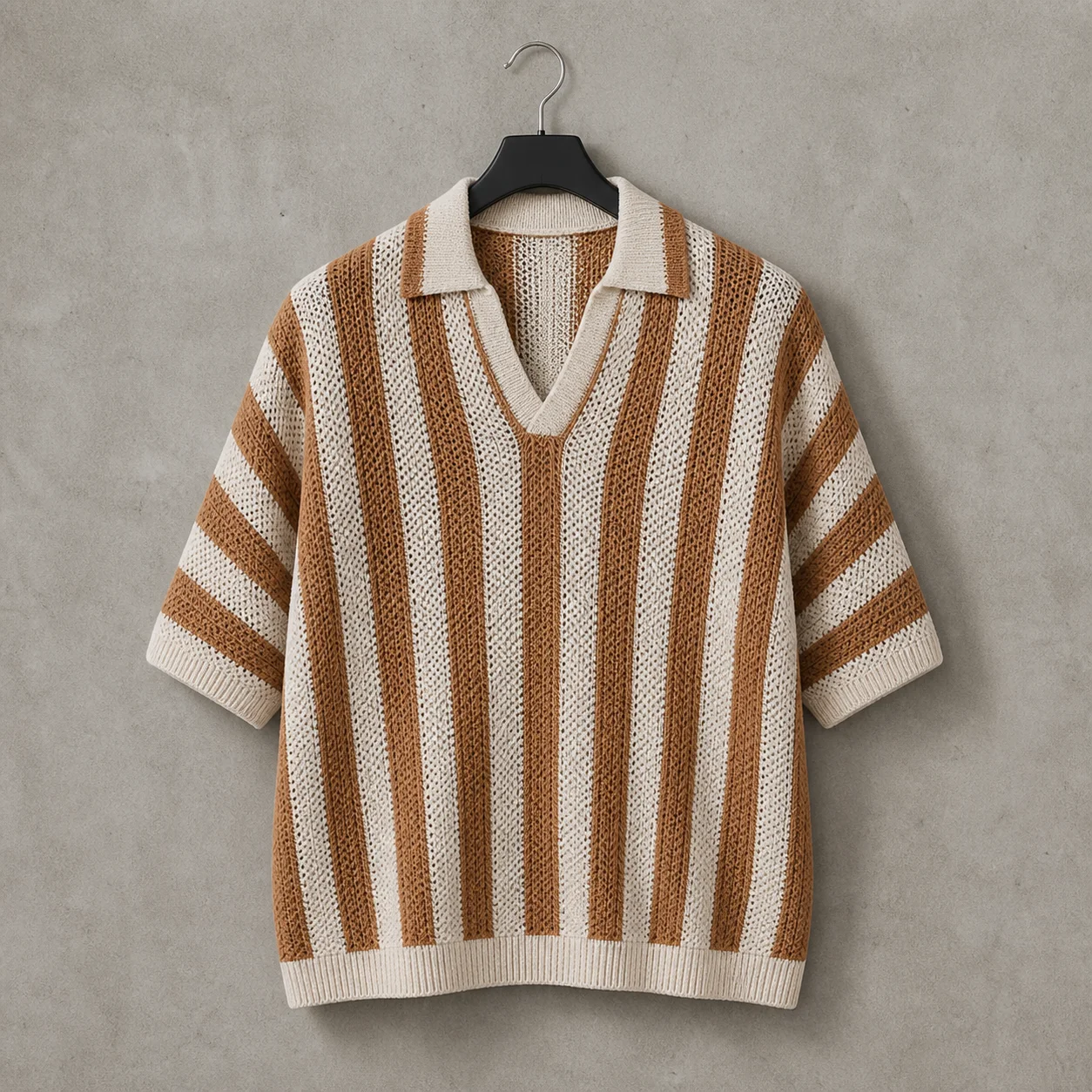 OEM Custom Mens Polo Shirts Crochet Knit Striped Turn Down Collar Relaxed Fit Summer Urban Apparel Supplier Men Polo Shir gallery 6