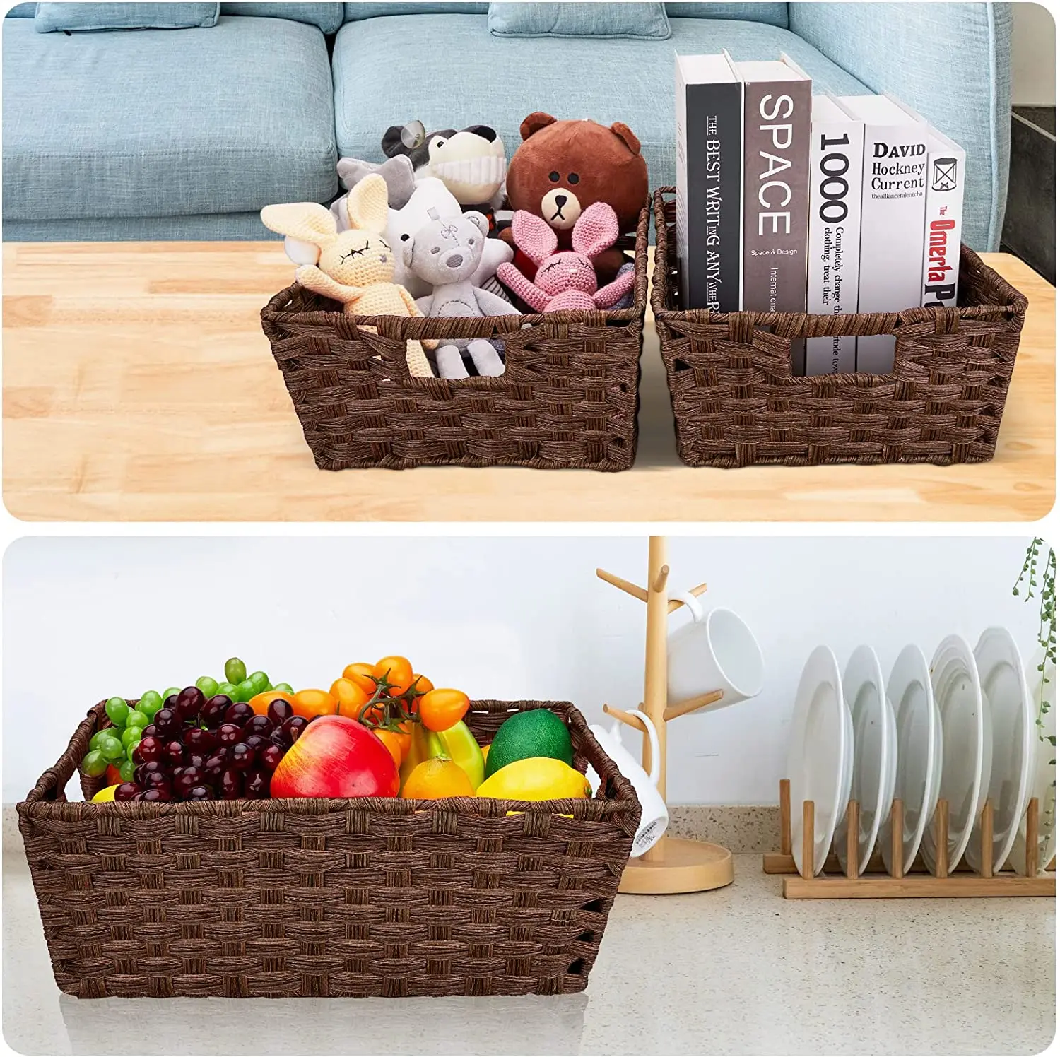 Set Of 2 Large Wicker Storage Basket Metal Frame Washable Waterproof