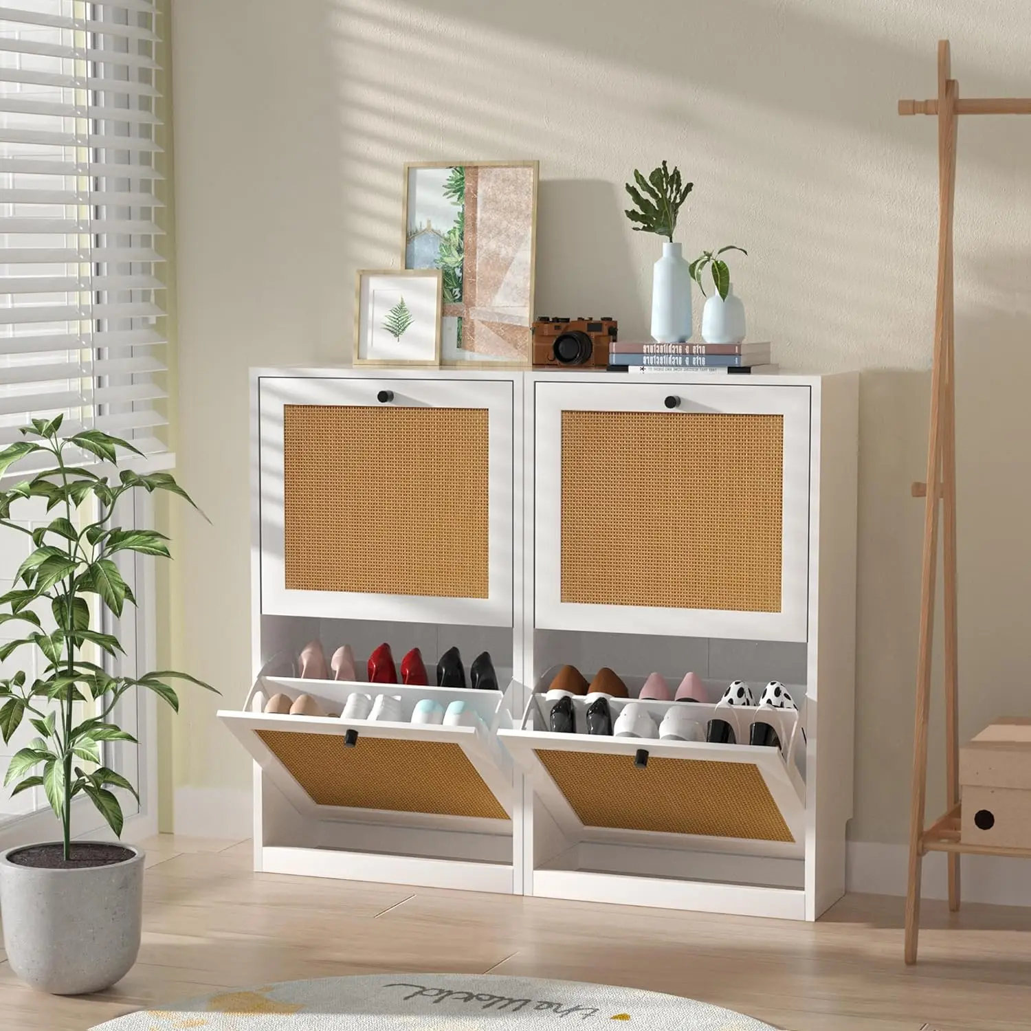 Wooden Freestanding Entryway Rattan Shoe Cabinet With 2 Flip Drawers 2 ...