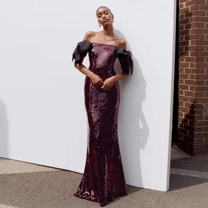 2026 High-quality Women's Off-shoulder Long Dress Coffee Color Iridescent Sequins Black Bow Dress for Party