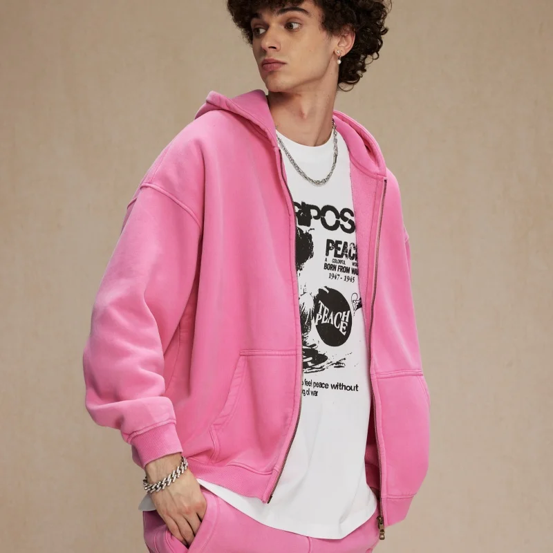 Vintage Winter 360g 52% Cotton Wax Printing Distressed Faded Raglan Sleeve Oversized Blank Men's Double Zippers Hoodie