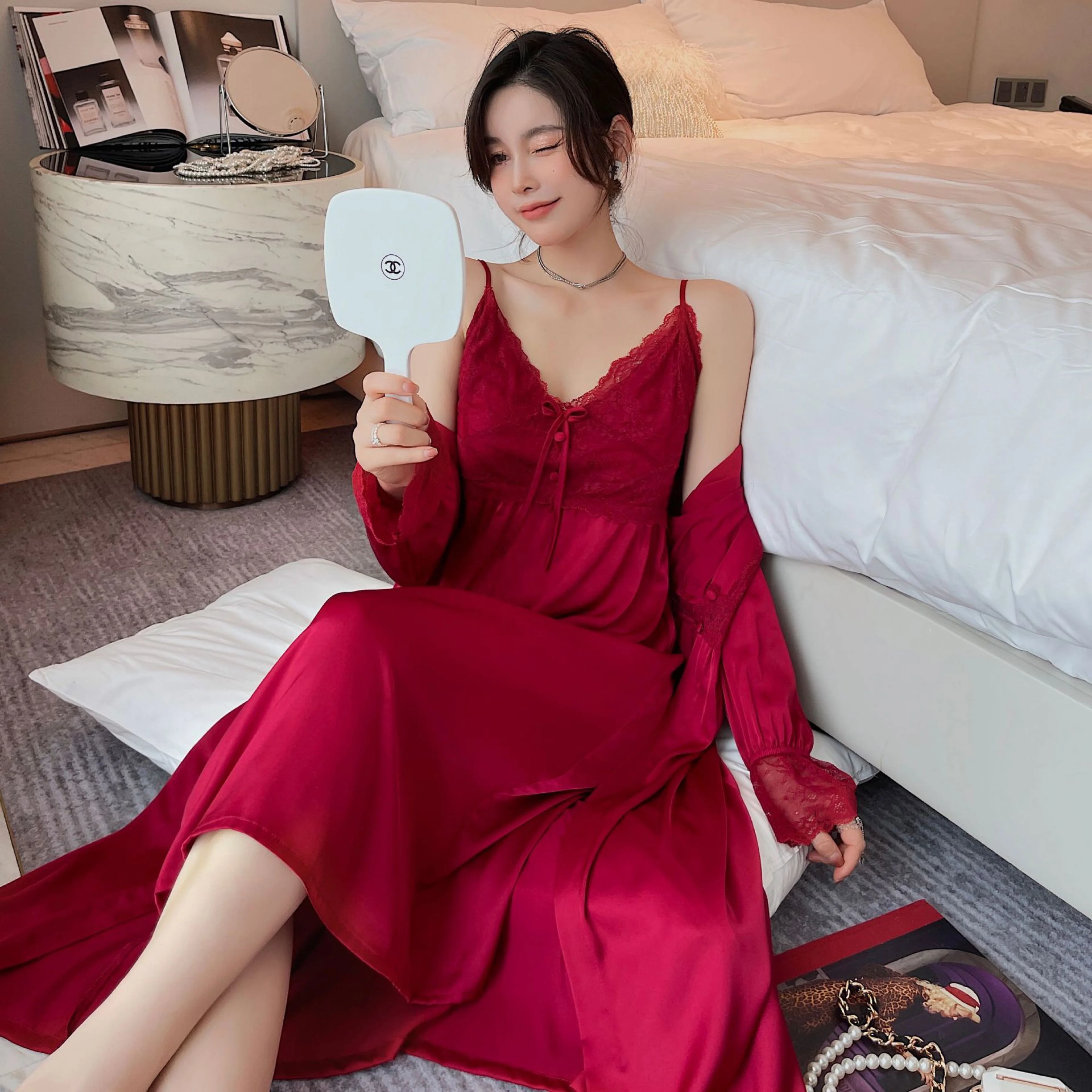 2022 Spring Summer 2 Pieces Ice Silk Long Nightwear Sleepwear Elegant Silk Satin Vintage Pajamas Set for Women