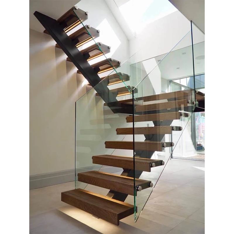 Factory Price LED Lights Stairs Mono Stringer Straight Open Riser Staircase Floating Stair Kits
