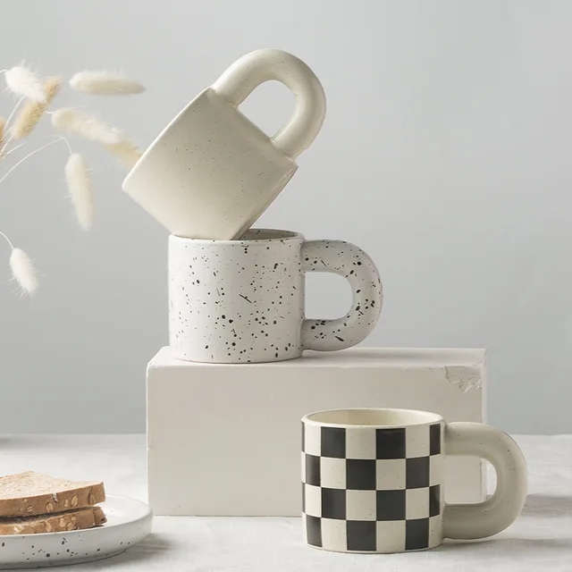 INS 300ML Ceramic Coffee Mug Creative Breakfast Oatmeal Milk Tea Water Cup With Big Handle Gift Kitchen Restaurant Drinkware Set
