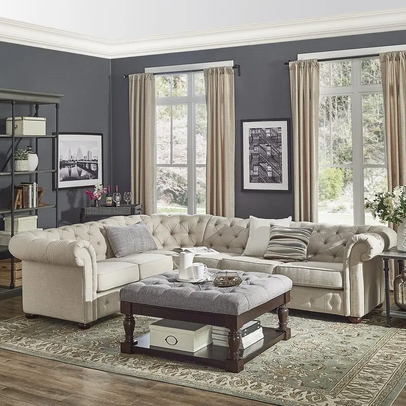 L Shape Sectional Curved Linen Tufted Settee Wood Chesterfield Sofa for Living Room Lounge Room