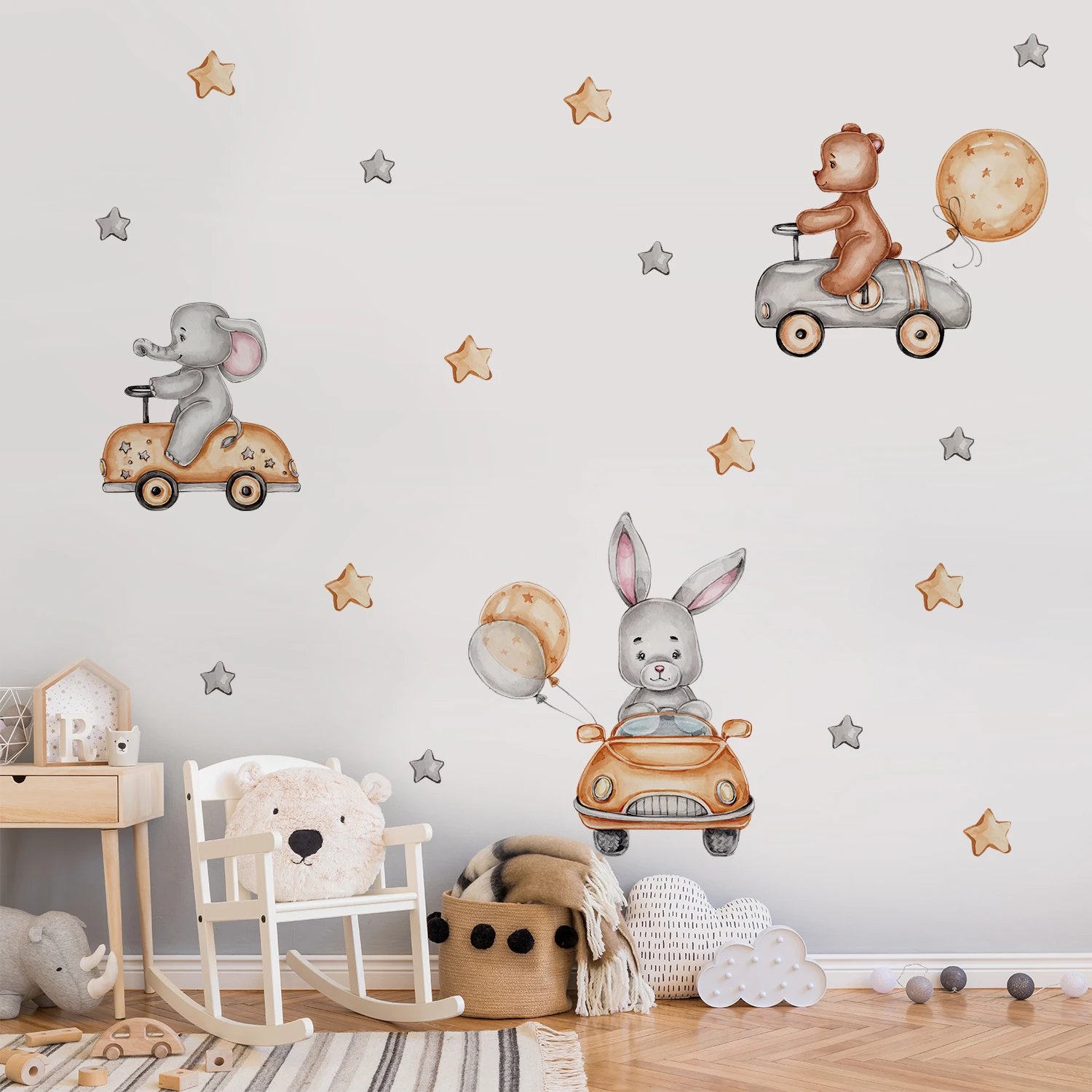 Funlife PY047 Cartoon Rabbit and Elephant Driving Decals DIY Wall Decoration for Nursery Room Wall Stickers