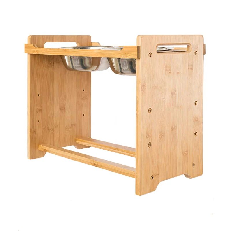 Eco-friendly Bamboo Pet Bowl Stand Adjustable Pet Feeder with Large Capacity Stainless Steel Bowls for Cats and Dogs