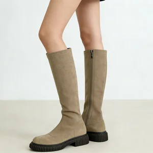Women's Beige Suede Western Square Toe Knee-High Boots-Soft Ribbed Sole Zipper Slim-Fit  2026
