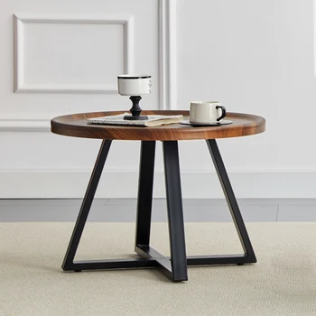 Handmade Modern Design Round Coffee Table Set With Black Stainless Steel Legs Wooden Center & End Tables for Living Room