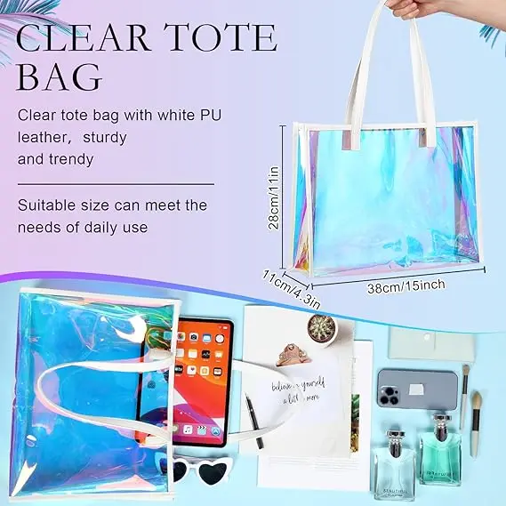 Portable Holographic Clear Tote Bag with Leather Handle Iridescent Bachelorette Beach Bag for Work Stadium Travel factory