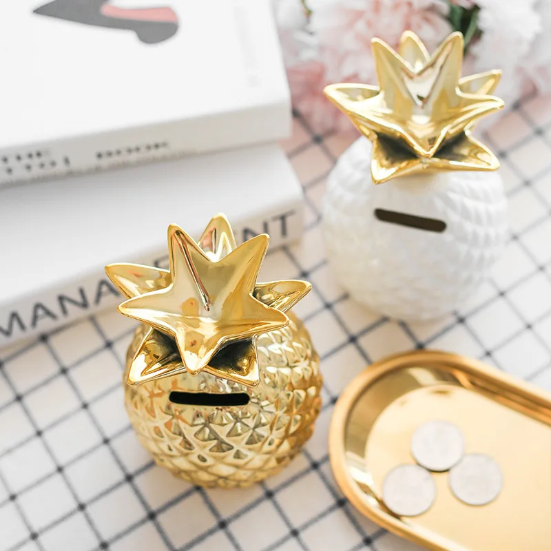 
Оптовая продажа, уникальная забавная копилка для монет, украшение для дома, керамика, золотой ананас, копилка 