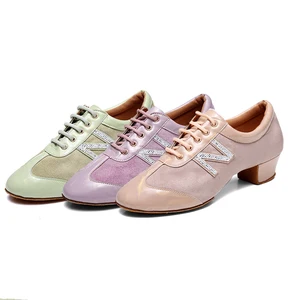 Women's Ballroom Latin Dance Sneakers Genuine Leather Outsole Soft Cotton Lining Indoor Social Dance Shoes