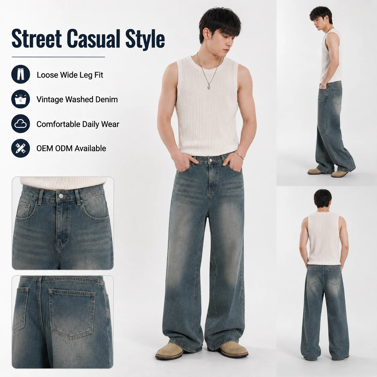 Vintage Washed Mid Waist Straight-Leg Denim Jeans Men Summer Loose Fit Distressed Long Pants Korean Commuter Style