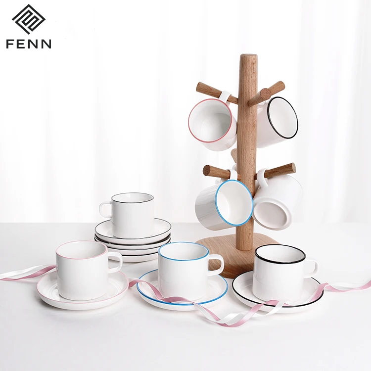 FENN Cafe Shop Design Crockery with Saucer 150ml Coffee Cup Ceramic Mug with Saucer White Porcelain for Home and Gift