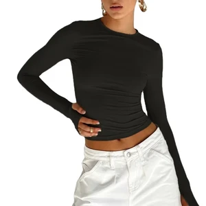 Women's Slim-Fit Long-Sleeved Casual Pullover T-Shirt for Spring Autumn Solid Color Crop Length Street Base Top XS Size Digital